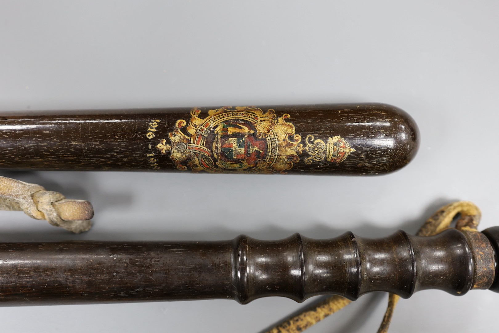 A pair of Birmingham Special Constabulary 1916-1919 commemorative truncheons, 39cms long.